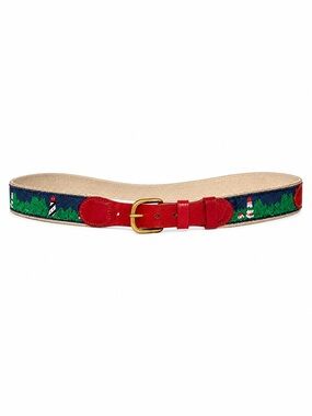 Vintage Nautical Lighthouse Embroidered Canvas Belt Leather Trim 42 USA